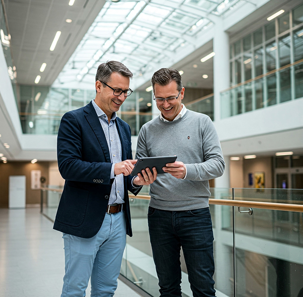 Two men are standing indoors, looking at a tablet together and smiling. The man on the left is wearing a suit jacket and light-colored pants, while the man on the right is wearing a grey sweater and dark pants. They appear to be in a modern building with a large, open space in the background.