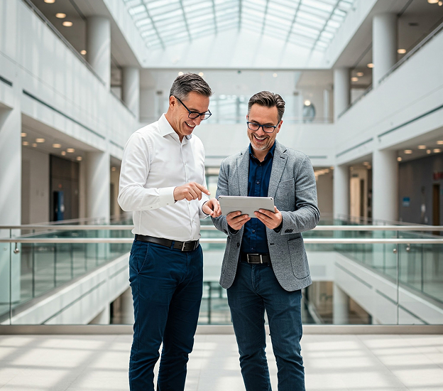 Two smiling men, both wearing glasses, are standing in a modern, multi-story building atrium. The man on the left, in a white shirt and dark trousers, is pointing at a tablet held by the man on the right, who is wearing a grey blazer over a dark shirt and dark trousers. They are both looking at the tablet.