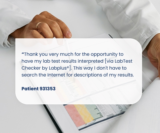 A composite image shows a person's hands resting on a document with colorful charts or graphs. Overlaid on the image is a large white, rounded rectangle containing a testimonial that reads: "Thank you very much for the opportunity to have my lab test results interpreted [via LabTest Checker by Labplus®]. This way I don't have to search the internet for descriptions of my results. Patient 931353".