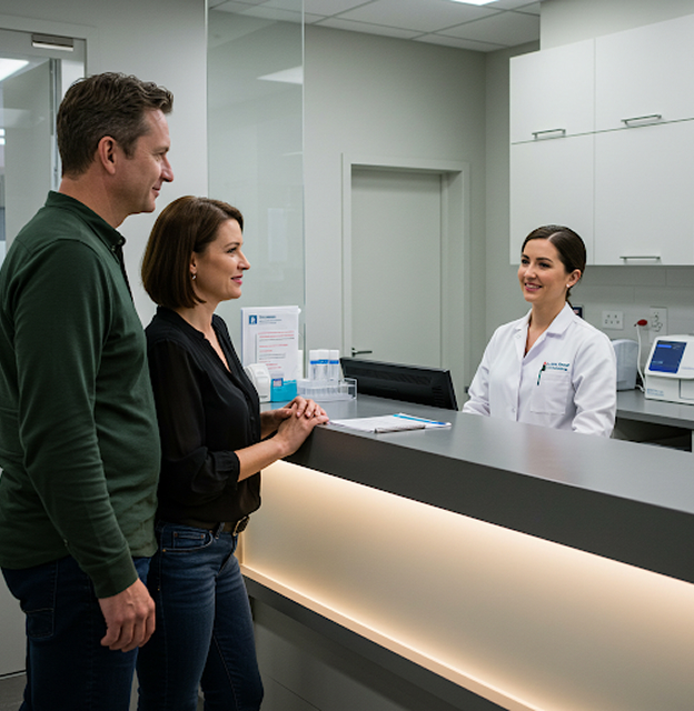 A man and a woman stand facing a reception desk, looking towards a smiling female receptionist. The reception area appears modern and well-lit, with the receptionist positioned behind a dark gray counter with an illuminated front panel. The scene suggests an interaction at a medical or professional front desk.