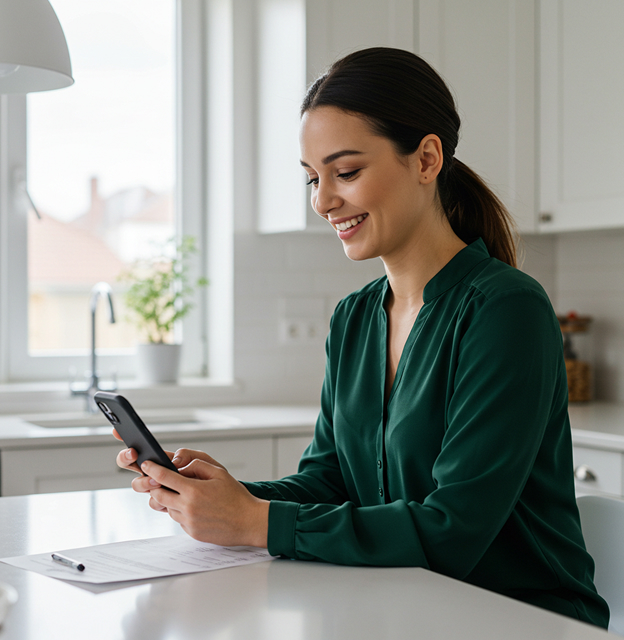 A smiling woman with dark hair tied back is sitting at a white counter or table, looking at her smartphone. She is wearing a dark green blouse, and there's a document or papers on the table in front of her. In the background, part of a kitchen with a window is visible.