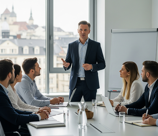 A man in a dark suit stands at the head of a conference table, gesturing as he speaks to a group of seated colleagues. There are several men and women around the table, attentively looking at him. A large window behind the speaker offers a blurred view of a city skyline.