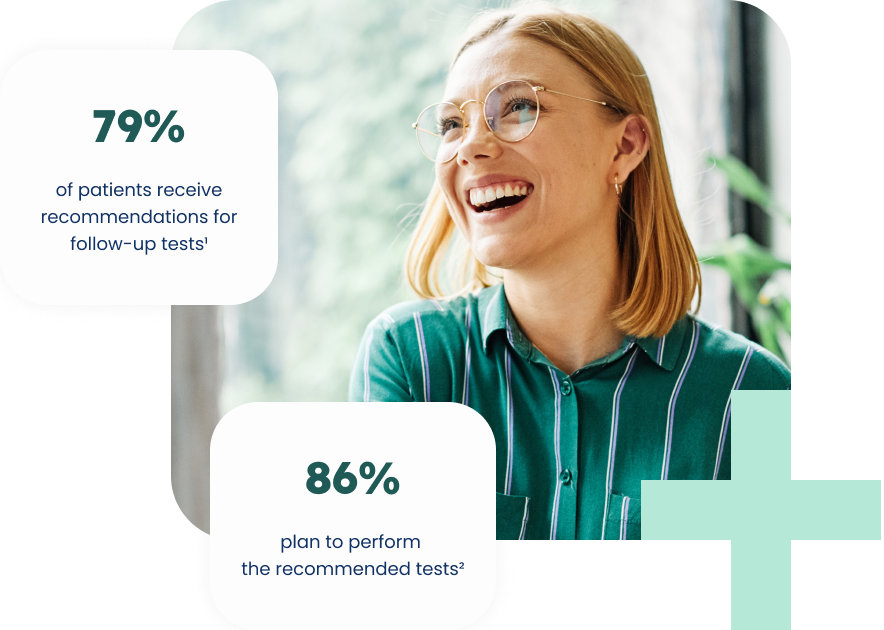 A composite image with a smiling woman wearing glasses in the upper right. She has blonde hair and is looking upwards to the right, laughing. Overlaid are two white, rounded rectangles with text: one stating "79% of patients receive recommendations for follow-up tests¹" and the other "86% plan to perform the recommended tests²".