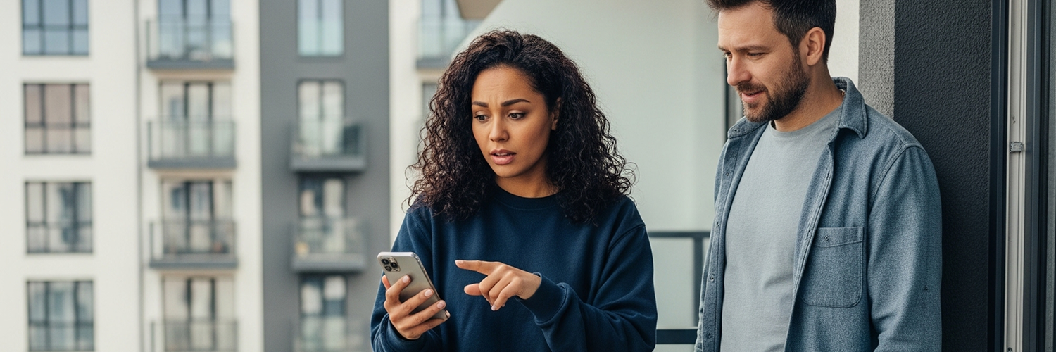 A woman with long, curly dark hair, wearing a dark blue sweatshirt, is holding a smartphone and pointing at its screen with a surprised expression. A man with a beard, wearing a grey t-shirt and an open denim shirt, stands next to her, looking at the phone with a thoughtful expression. They appear to be on a balcony or terrace with a modern building in the background.