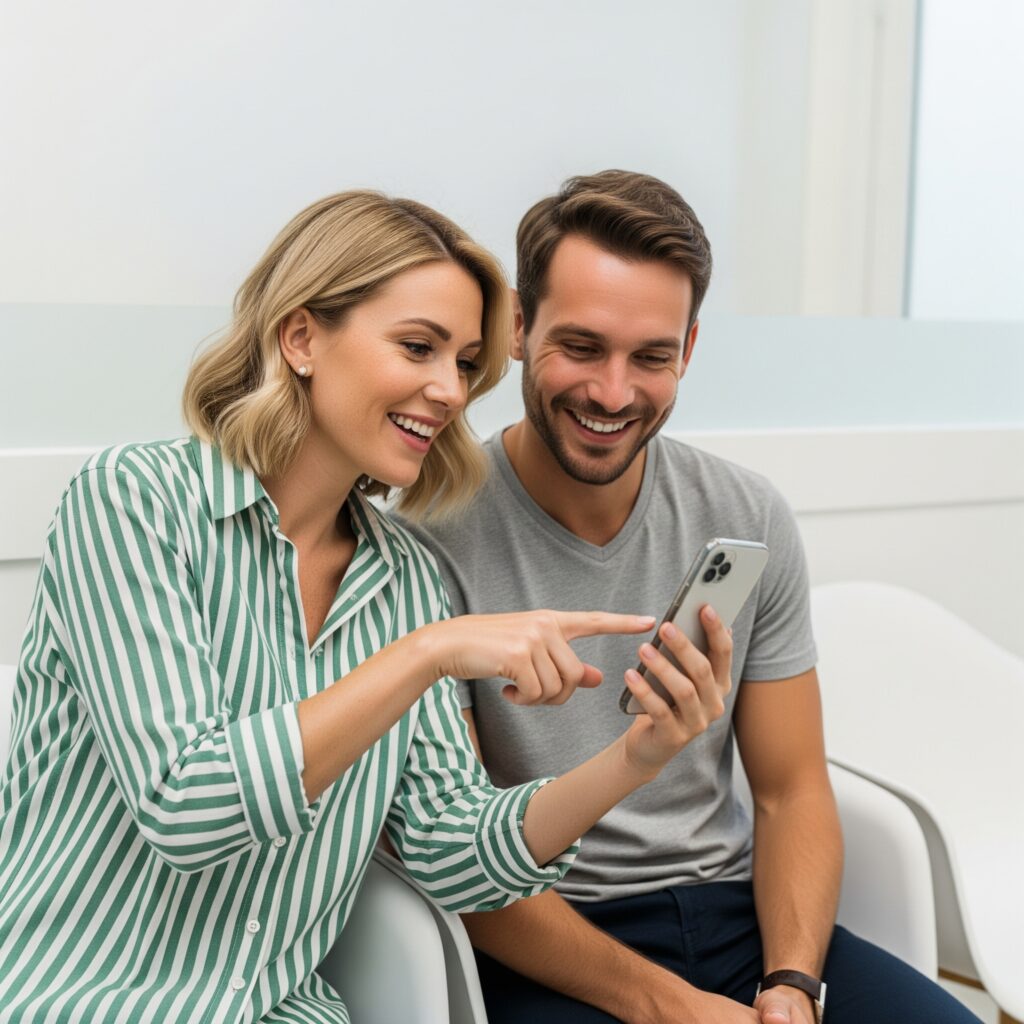 A smiling woman in a striped shirt is pointing at and holding a smartphone, while a smiling man in a grey t-shirt seated next to her looks at the smartphone. They are sitting in a waiting room, likely in a laboratory or medical facility.
