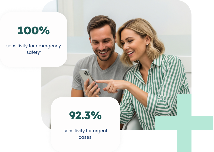 A smiling couple looks at a smartphone, with the woman pointing at the screen. Beside them are two rounded white text boxes on a neutral background. The top box states "100% sensitivity for emergency safety¹", and the bottom box reads "92.3% sensitivity for urgent cases¹".