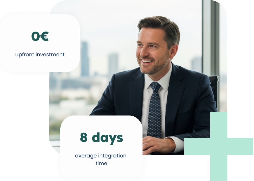 A composite image features a smiling man in a suit seated at a desk with a city view in the background, overlaid with two white text boxes. The top box states "0€ upfront investment," and the bottom box indicates "8 days average integration time."