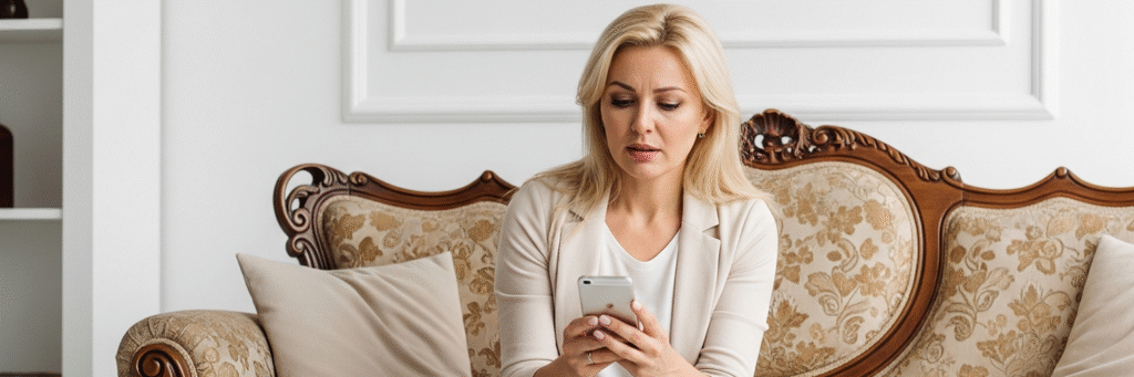 A 48-year-old blonde woman, slim, wearing a beige smart casual outfit and heels, sits on a 19th-century style couch in a brightly lit, modern, lived-in living room with white walls. A bookshelf is visible on the left side of the frame. She holds a smartphone in her hands and looks at it with a slightly concerned expression.