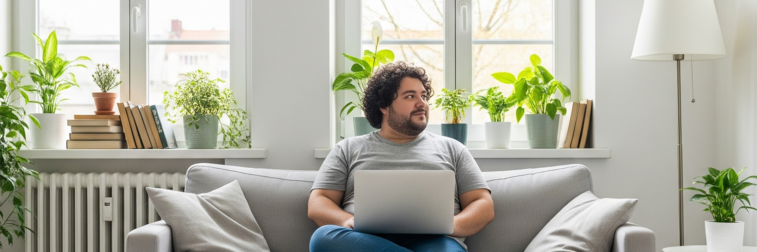 The image shows an overweight man with a slightly darker complexion relaxing on a light grey sofa in a bright, modern living room. He is wearing a grey t-shirt, blue jeans, and he has a modern laptop on his lap. He appears to be looking off to the right side of the frame with a thoughtful or contented expression.