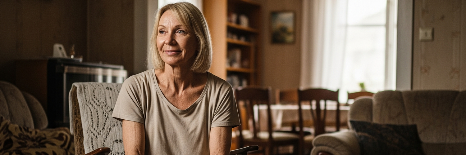 This image shows a 60-year-old woman with blonde hair, looking fit despite her age. She's dressed casually in a beige t-shirt, sitting comfortably in a casual living room that has a lived-in, not-too-modern feel.