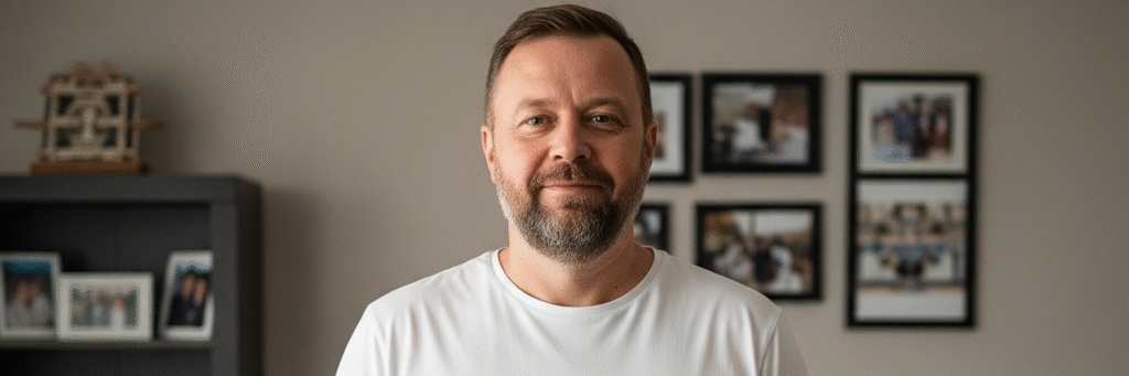 An image of a 45-year-old male standing in his living room