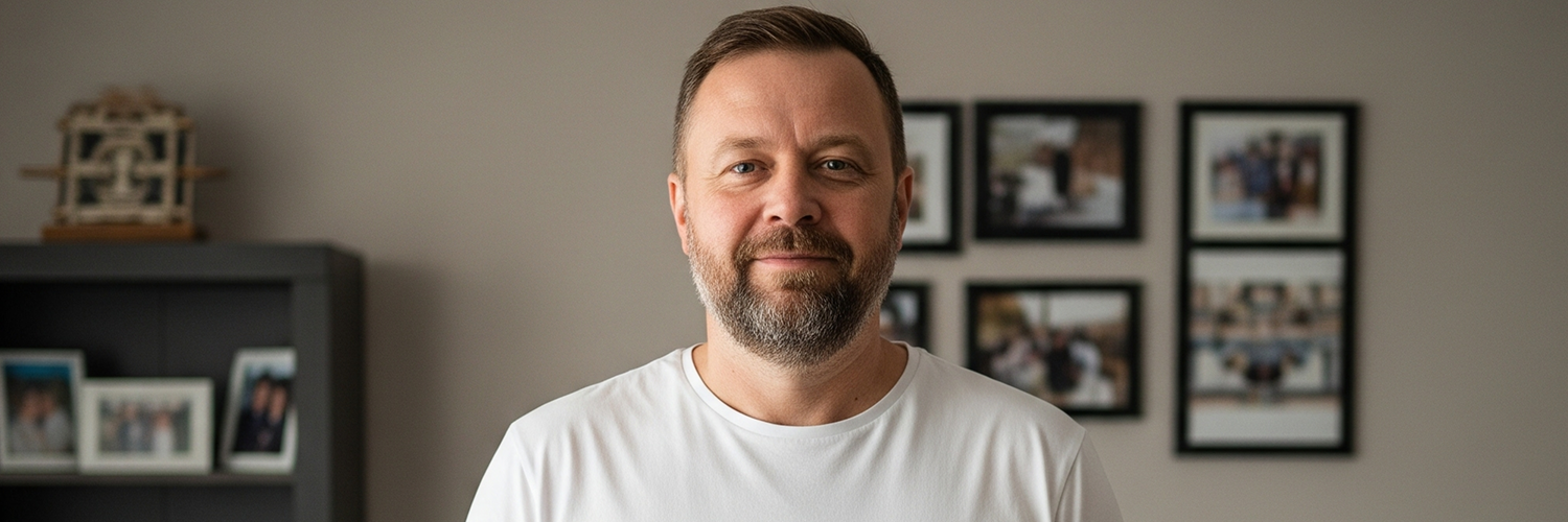 An image of a 45-year-old male standing in his living room