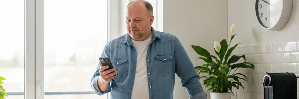 A man in a denim shirt and white t-shirt is standing indoors, looking at his smartphone. He is in what appears to be a bright kitchen with a large window and a plant.