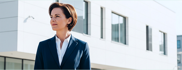 A professional-looking woman with short, dark hair, wearing a navy blue suit and a white shirt, stands outdoors with a modern white building in the background. She is looking off to the left with a thoughtful or determined expression.