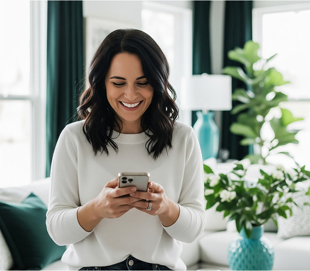 A smiling woman with dark, wavy hair is looking down at and interacting with a smartphone she's holding. She is wearing a light-colored long-sleeved top and appears to be in a well-decorated living room with teal curtains, a white sofa, and a plant in a teal vase in the background.