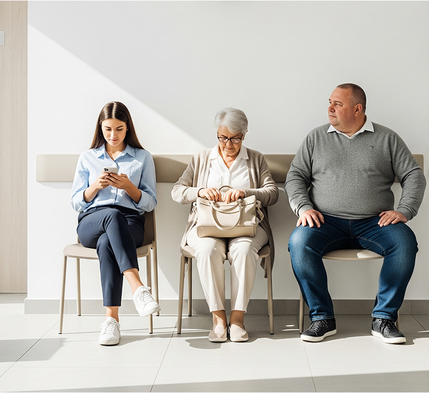 Three people are seated on chairs in a waiting area with a white wall behind them. A woman on the left is looking at her phone. In the middle, an elderly woman with glasses is looking into her handbag. On the right, a man in a grey sweater and jeans is looking to his right.
