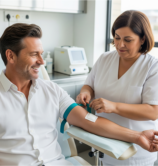 A smiling man is seated with his arm extended, and a tourniquet is visible on his upper arm. A female medical professional in a white uniform is attending to his arm, possibly preparing for a blood draw or another medical procedure.