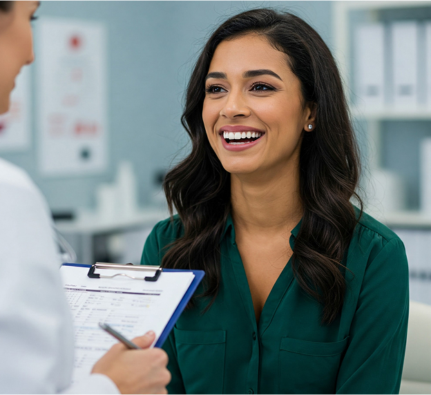 A smiling woman with long, dark hair is looking and smiling at someone out of frame to the left, likely a healthcare professional whose shoulder and a clipboard are visible in the foreground. The woman is wearing a dark green blouse and an earring.