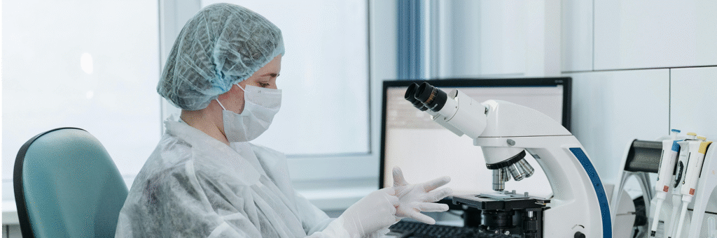 A person wearing a lab coat, hairnet, and face mask is seated at a desk, looking towards a microscope. Their hands are gloved, and one hand is positioned near the microscope. In the background, a computer monitor is visible, and other lab equipment can be seen on the right side of the desk.